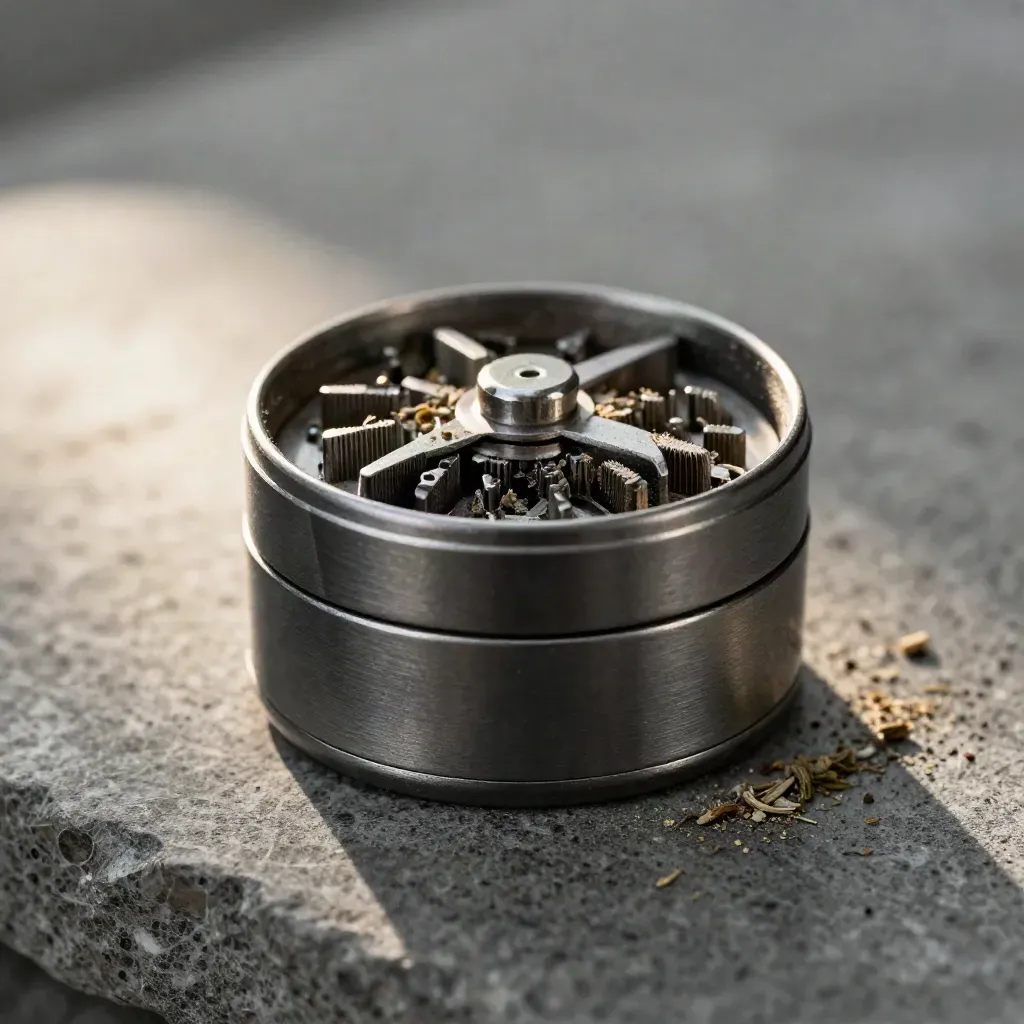 Open anodized grinder with brush and herb flecks on stone in raking light