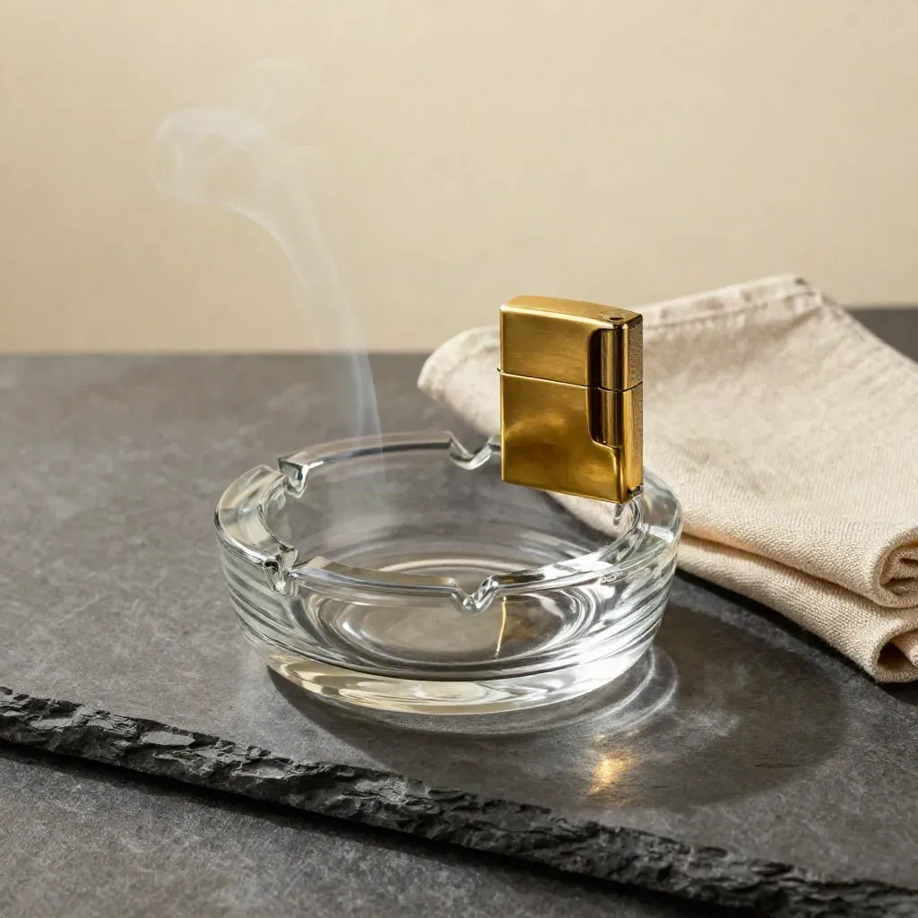 Glass ash tray, brass lighter, and folded linen on a pewter stone slab with soft smoke haze.