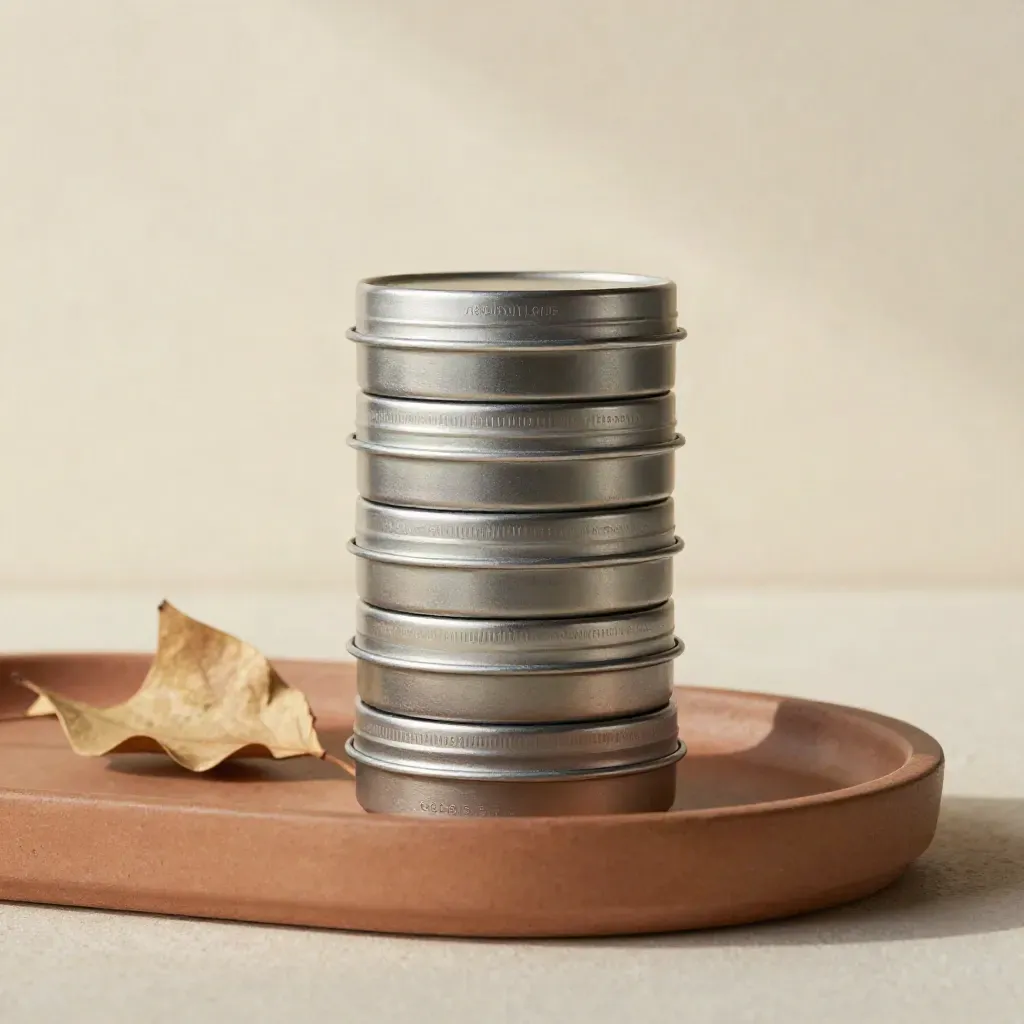 Stacked CBD tins on a tray with a dried leaf prop, softly lit in studio.
