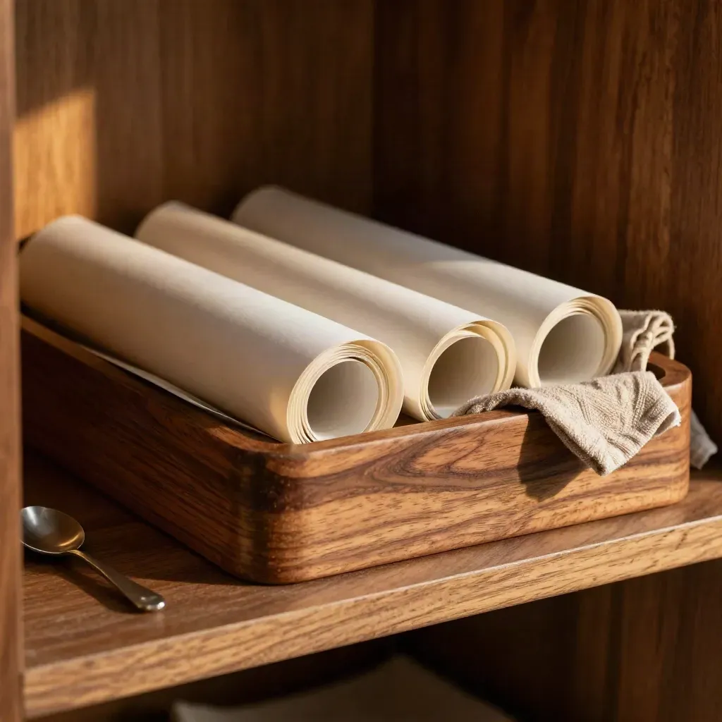 Wood roll tray with papers, spoon and cloth in warm raking light