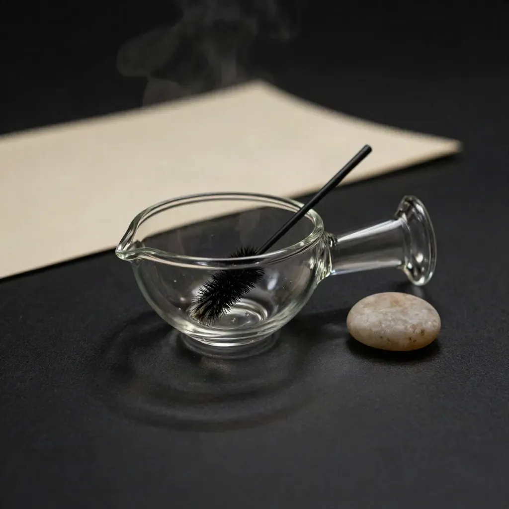 Clear glass spoon pipe with brush and pale stone on matte-black studio surface, rim-lit in haze.