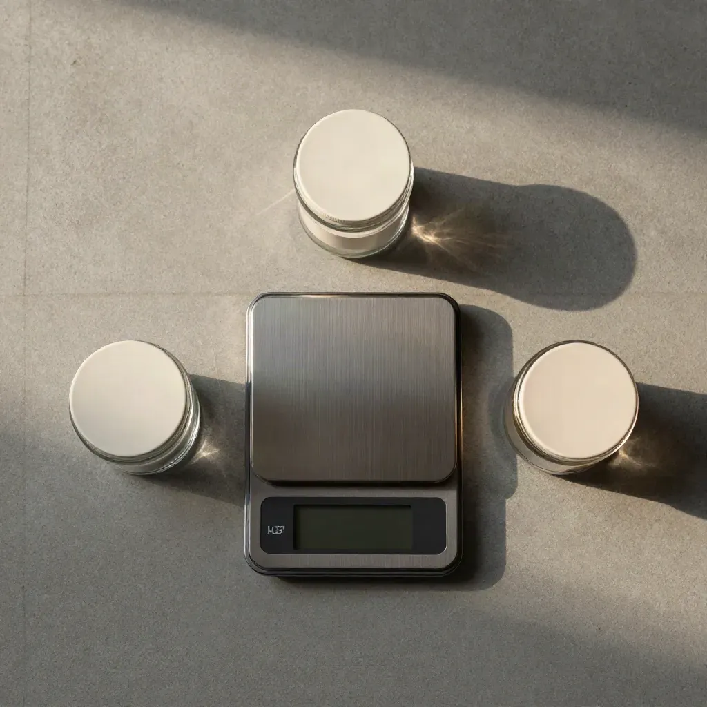 Overhead flatlay of a mini digital scale, tray and jar on concrete with soft amber light.